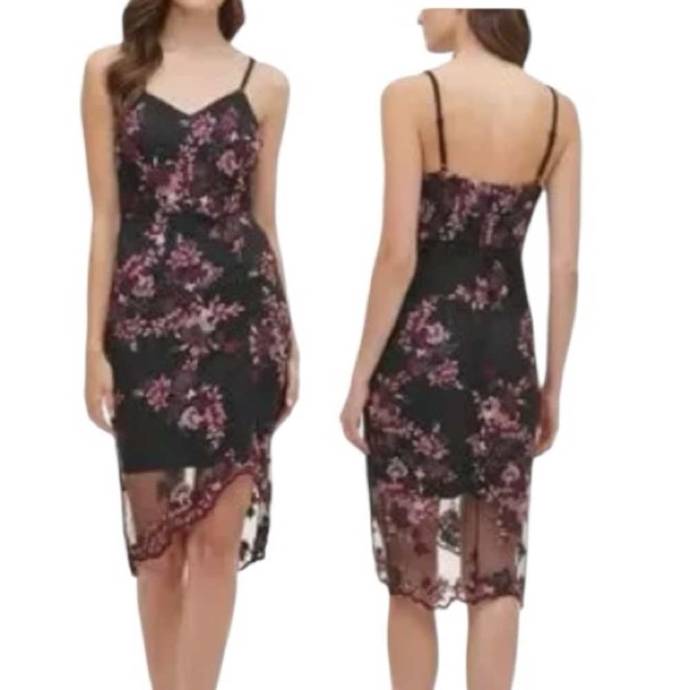 Guess Black Floral Lace Slip Dress with Pink Accents